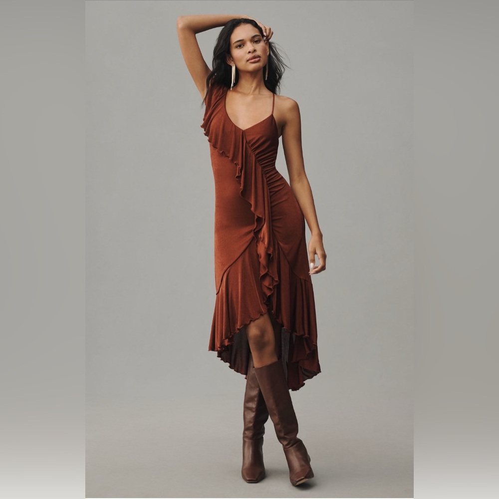 ✨ Anthropologie One-Shoulder Ruffled High-Low Midi Dress Sz XL
